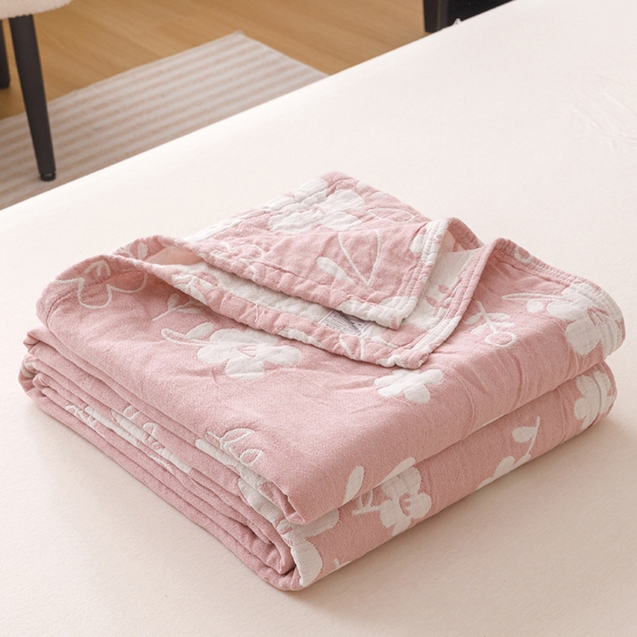  2026新款全棉纯棉水洗柔绉三层纱布毛巾被 花期-粉