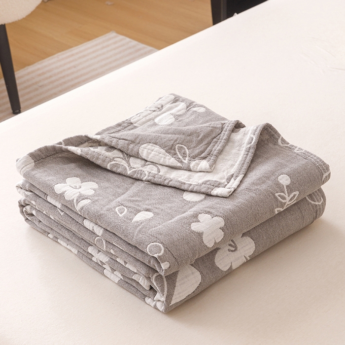  2026新款全棉纯棉水洗柔绉三层纱布毛巾被 花期-灰