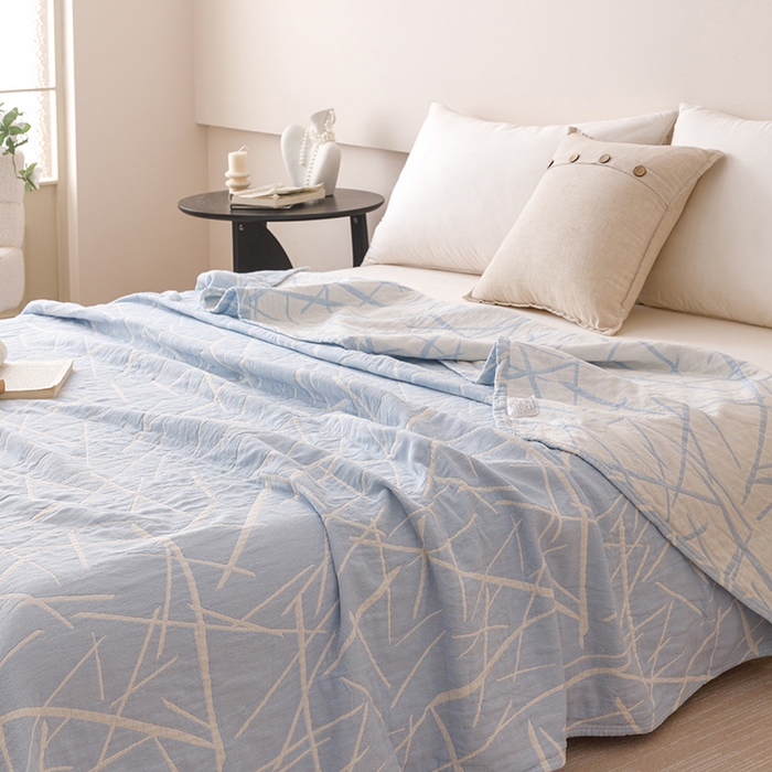 91家纺网 家纺一手货源 找家纺  2026新款全棉纯棉水洗柔绉三层纱布毛巾被 流星-蓝