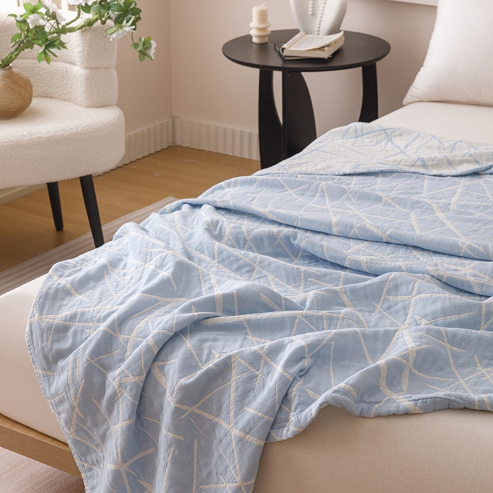 91家纺网 家纺一手货源 找家纺  2026新款全棉纯棉水洗柔绉三层纱布毛巾被 流星-蓝