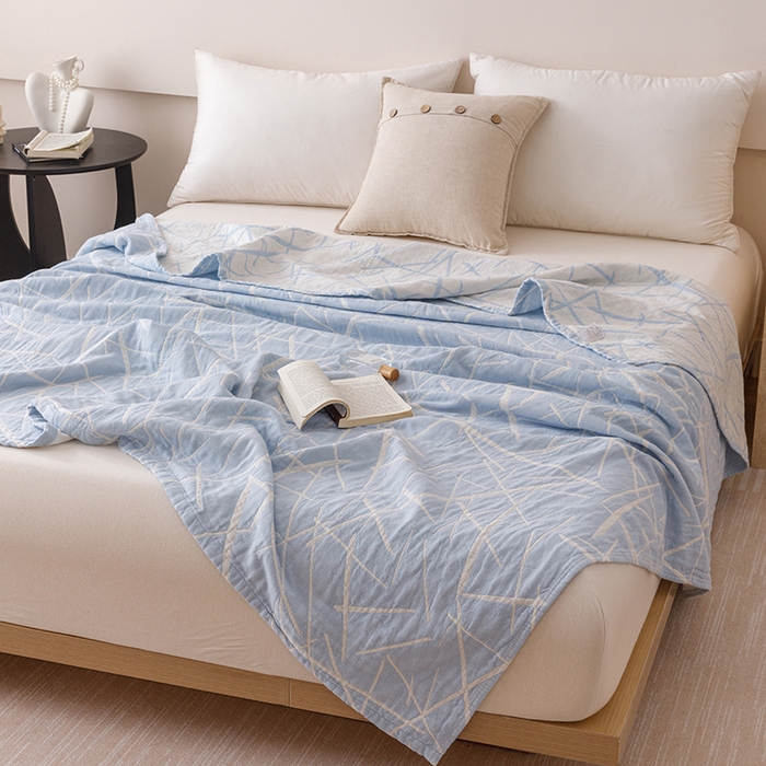 91家纺网 家纺一手货源 找家纺  2026新款全棉纯棉水洗柔绉三层纱布毛巾被 流星-蓝