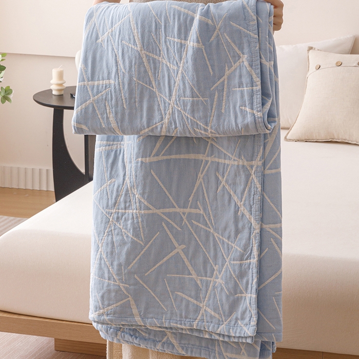 91家纺网 家纺一手货源 找家纺  2026新款全棉纯棉水洗柔绉三层纱布毛巾被 流星-蓝