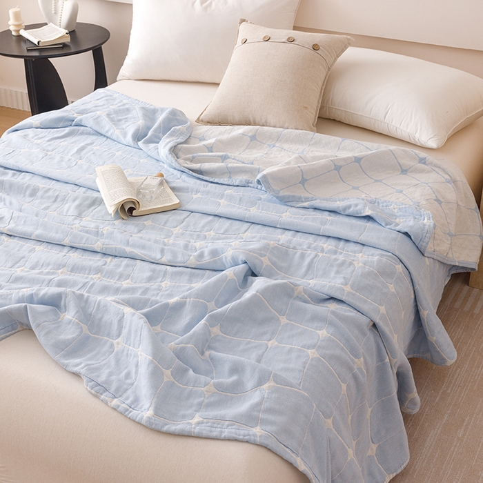 91家纺网 家纺一手货源 找家纺  2026新款全棉纯棉水洗柔绉三层纱布毛巾被 趣想-蓝