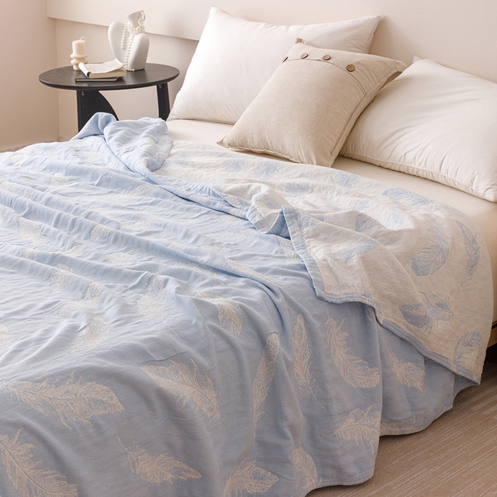 91家纺网 家纺一手货源 找家纺  2026新款全棉纯棉水洗柔绉三层纱布毛巾被 夏梦-蓝