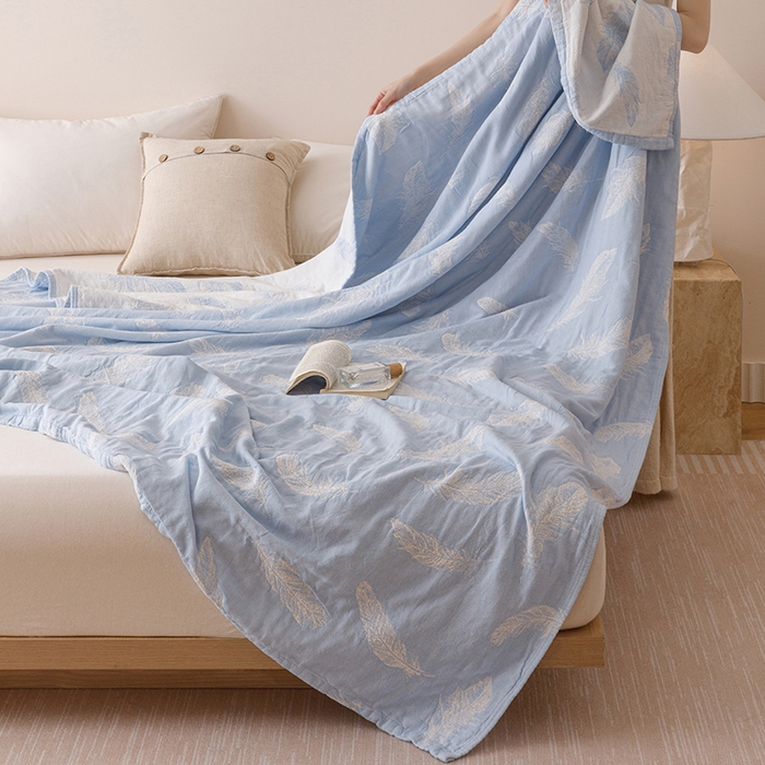 91家纺网 家纺一手货源 找家纺  2026新款全棉纯棉水洗柔绉三层纱布毛巾被 夏梦-蓝