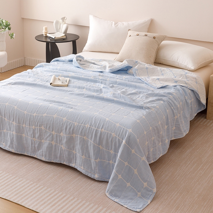 91家纺网 家纺一手货源 找家纺  2026新款全棉纯棉水洗柔绉三层纱布毛巾被 趣想-蓝