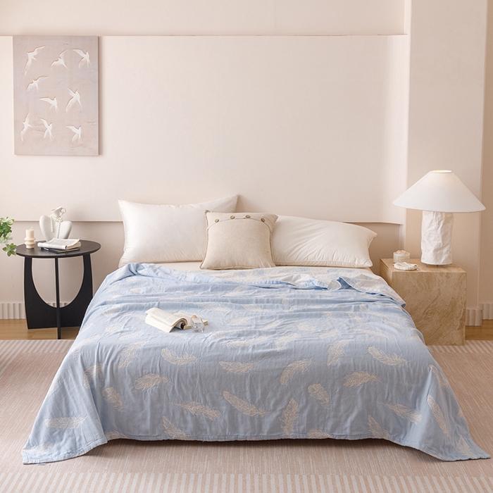 91家纺网 家纺一手货源 找家纺  2026新款全棉纯棉水洗柔绉三层纱布毛巾被 夏梦-蓝