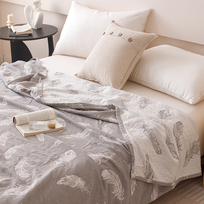 91家纺网 家纺一手货源 找家纺  2026新款全棉纯棉水洗柔绉三层纱布毛巾被 夏梦-灰