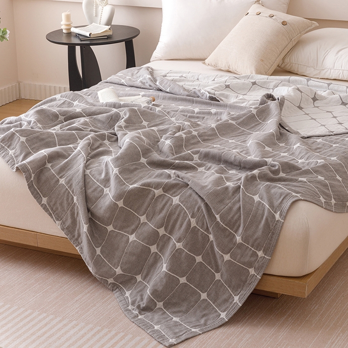 91家纺网 家纺一手货源 找家纺  2026新款全棉纯棉水洗柔绉三层纱布毛巾被 趣想-灰