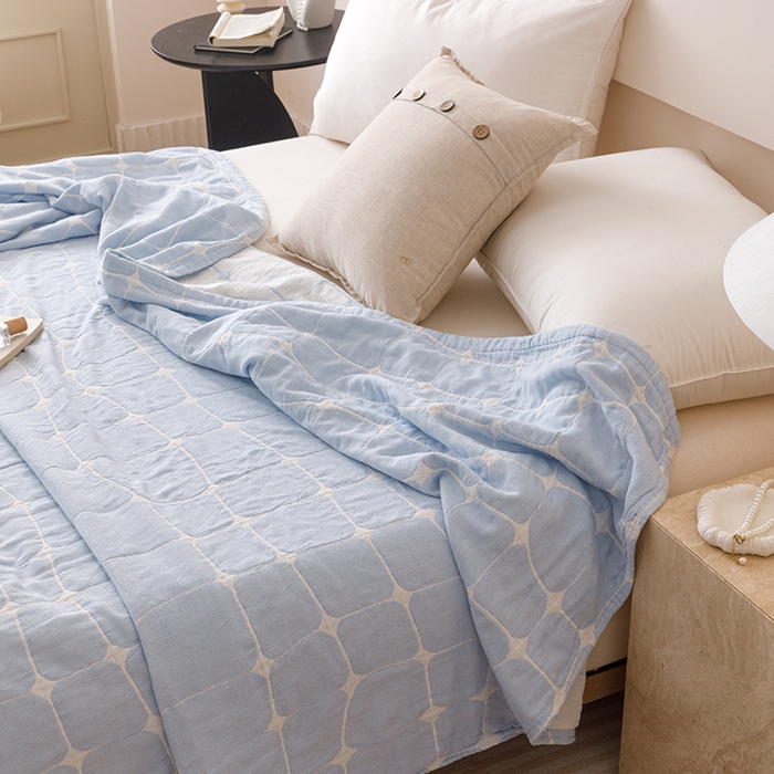 91家纺网 家纺一手货源 找家纺  2026新款全棉纯棉水洗柔绉三层纱布毛巾被 趣想-蓝