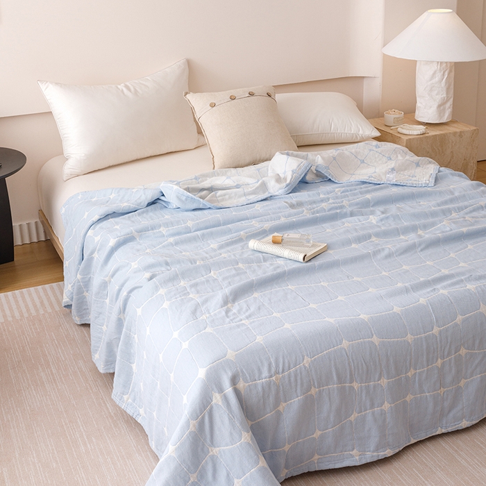 91家纺网 家纺一手货源 找家纺  2026新款全棉纯棉水洗柔绉三层纱布毛巾被 趣想-蓝