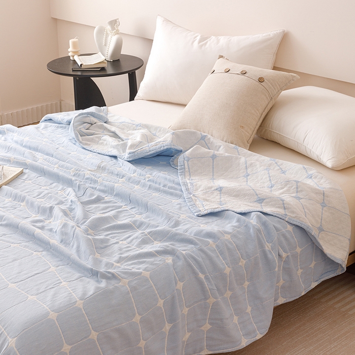 91家纺网 家纺一手货源 找家纺  2026新款全棉纯棉水洗柔绉三层纱布毛巾被 趣想-蓝