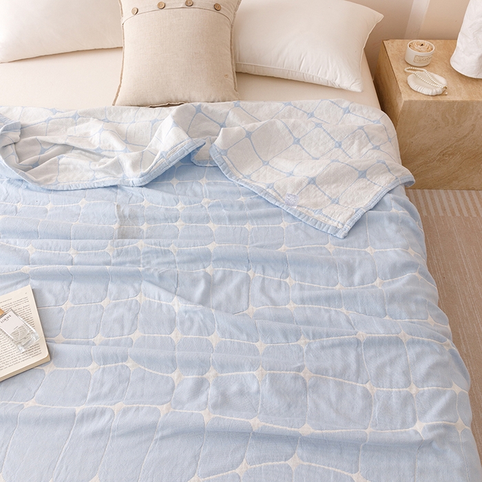 91家纺网 家纺一手货源 找家纺  2026新款全棉纯棉水洗柔绉三层纱布毛巾被 趣想-蓝