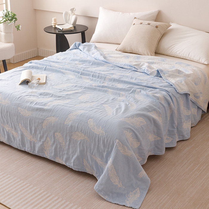 91家纺网 家纺一手货源 找家纺  2026新款全棉纯棉水洗柔绉三层纱布毛巾被 夏梦-蓝