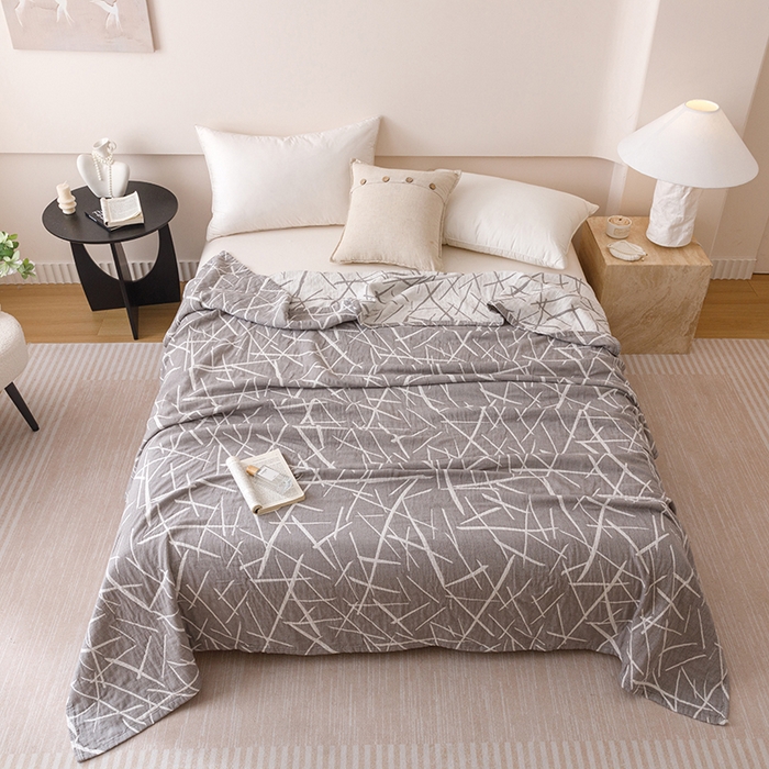 91家纺网 家纺一手货源 找家纺  2026新款全棉纯棉水洗柔绉三层纱布毛巾被 流星-灰