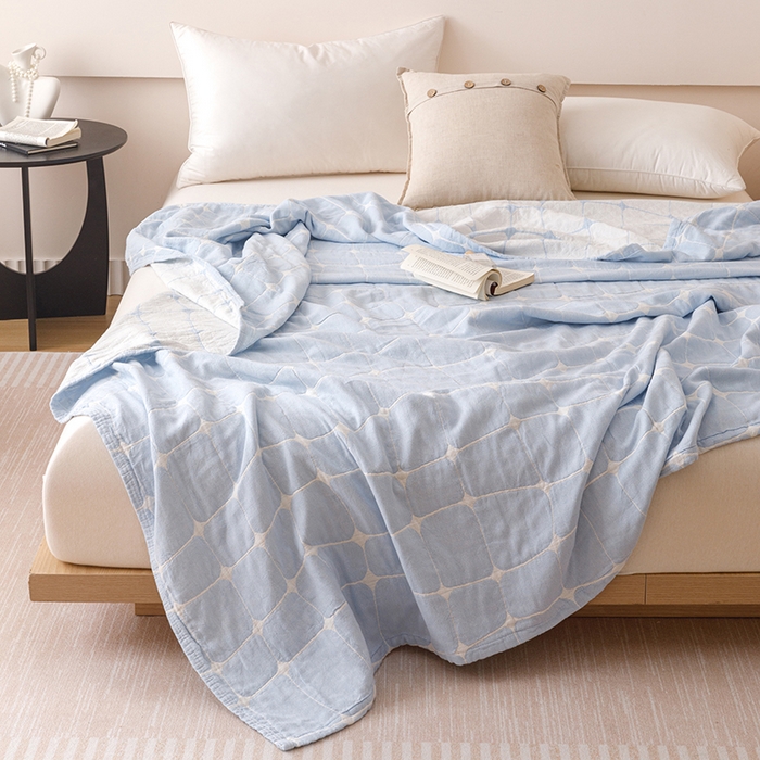 91家纺网 家纺一手货源 找家纺  2026新款全棉纯棉水洗柔绉三层纱布毛巾被 趣想-蓝