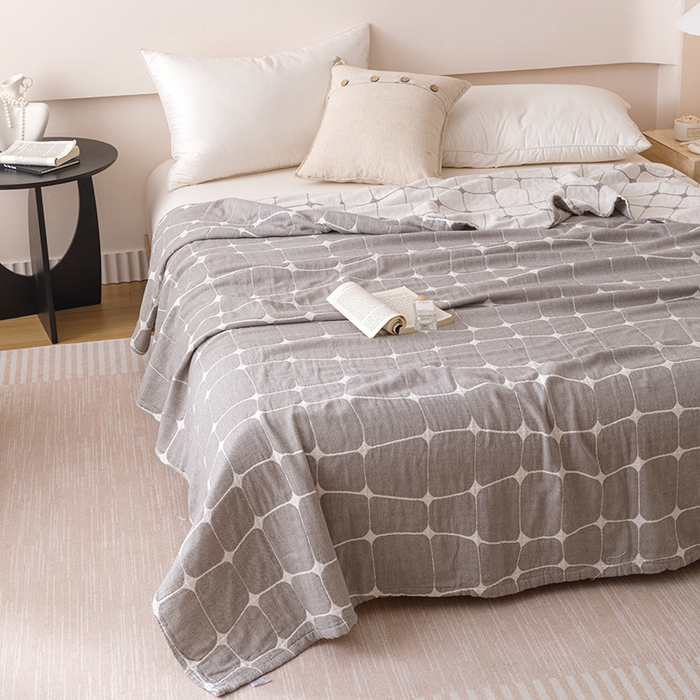 91家纺网 家纺一手货源 找家纺  2026新款全棉纯棉水洗柔绉三层纱布毛巾被 趣想-灰