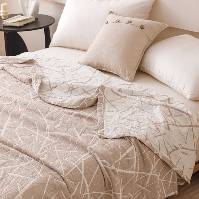 91家纺网 家纺一手货源 找家纺  2026新款全棉纯棉水洗柔绉三层纱布毛巾被 流星-驼