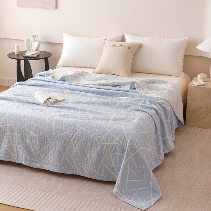 91家纺网 家纺一手货源 找家纺  2026新款全棉纯棉水洗柔绉三层纱布毛巾被 流星-蓝