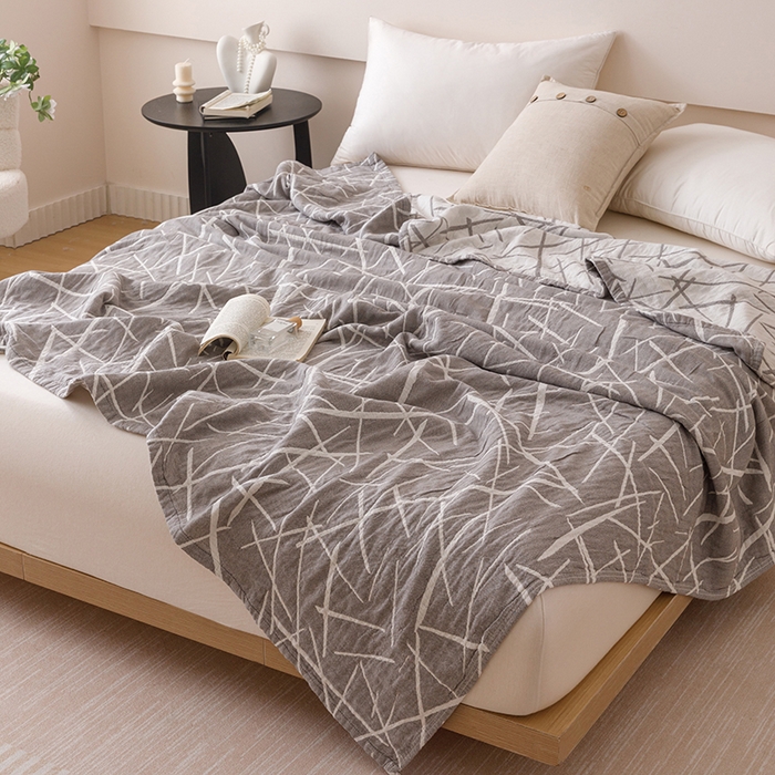 91家纺网 家纺一手货源 找家纺  2026新款全棉纯棉水洗柔绉三层纱布毛巾被 流星-灰