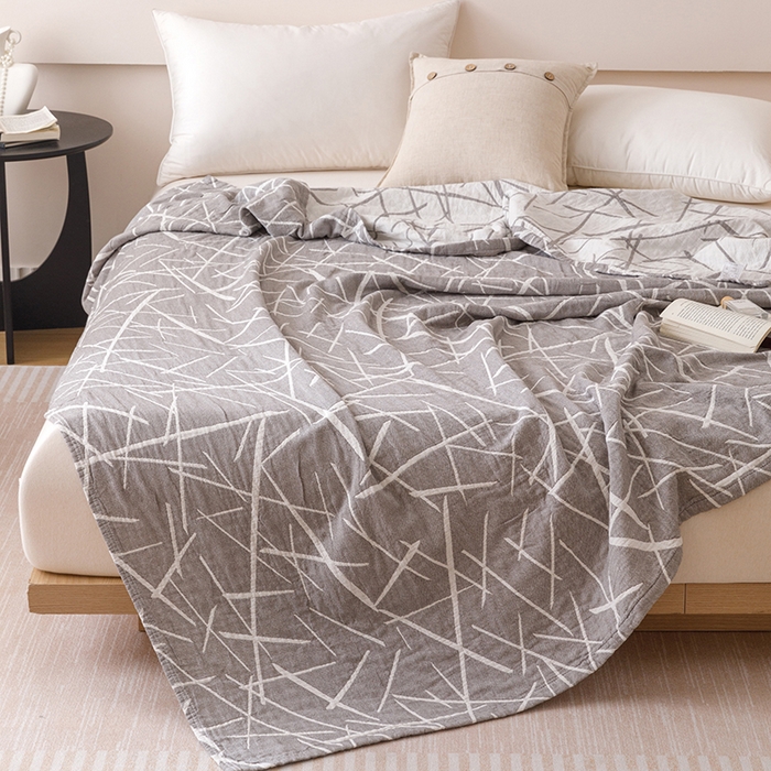 91家纺网 家纺一手货源 找家纺  2026新款全棉纯棉水洗柔绉三层纱布毛巾被 流星-灰