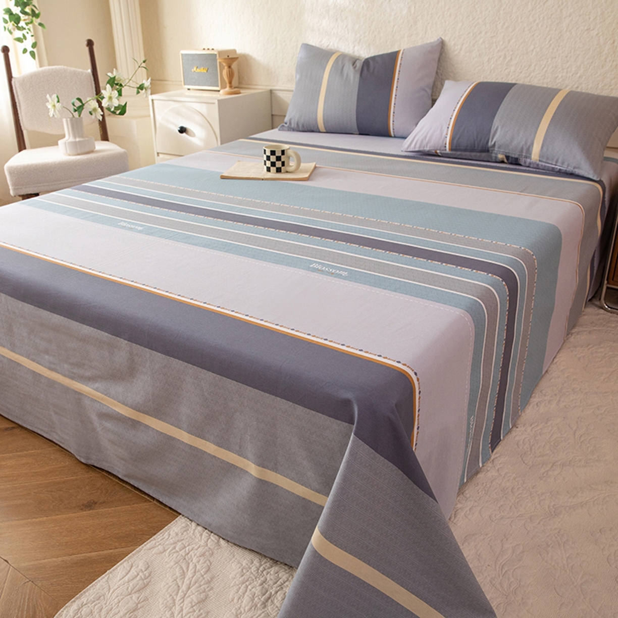 91家纺网 家纺一手货源 找家纺 （总）八十八家纺 2026新款无印风全棉纯棉斜纹条格单床单床单单件单品床单