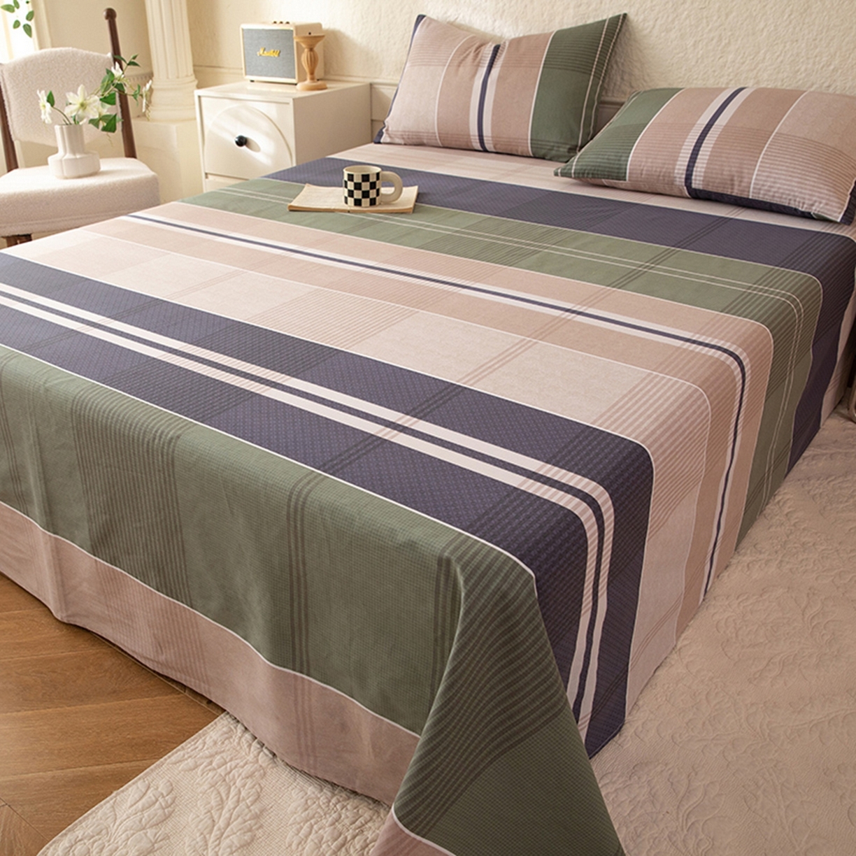 91家纺网 家纺一手货源 找家纺 （总）八十八家纺 2026新款无印风全棉纯棉斜纹条格单床单床单单件单品床单