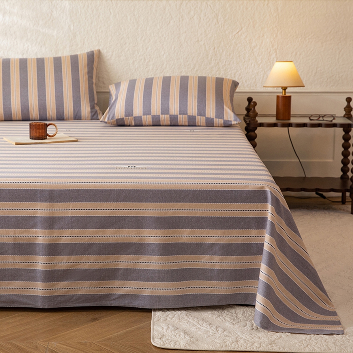 91家纺网 家纺一手货源 找家纺 八十八家纺 2026新款无印风全棉纯棉斜纹条格单床单床单单件单品床单 木冬