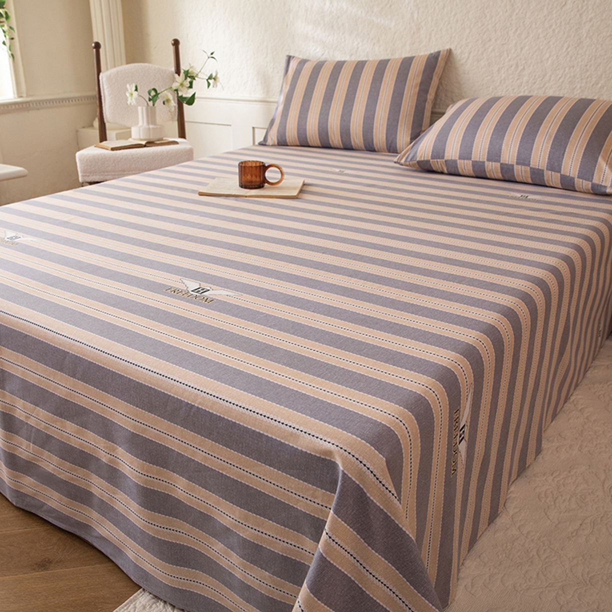 91家纺网 家纺一手货源 找家纺 八十八家纺 2026新款无印风全棉纯棉斜纹条格单床单床单单件单品床单 木冬