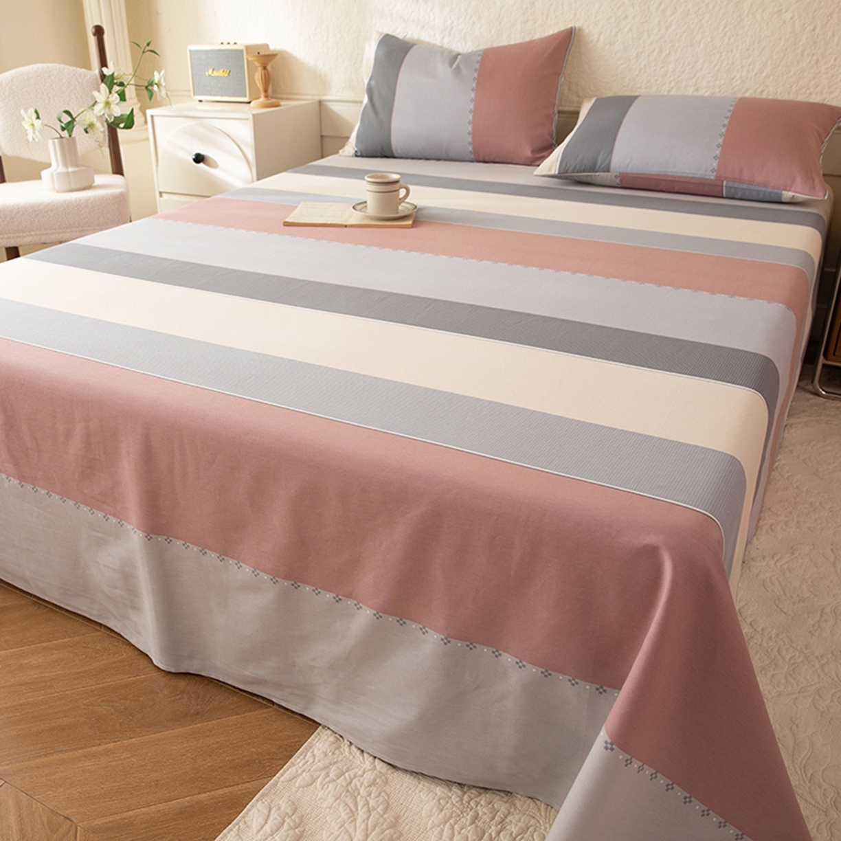 八十八家纺 2026新款无印风全棉纯棉斜纹条格单床单床单单件单品床单 木本