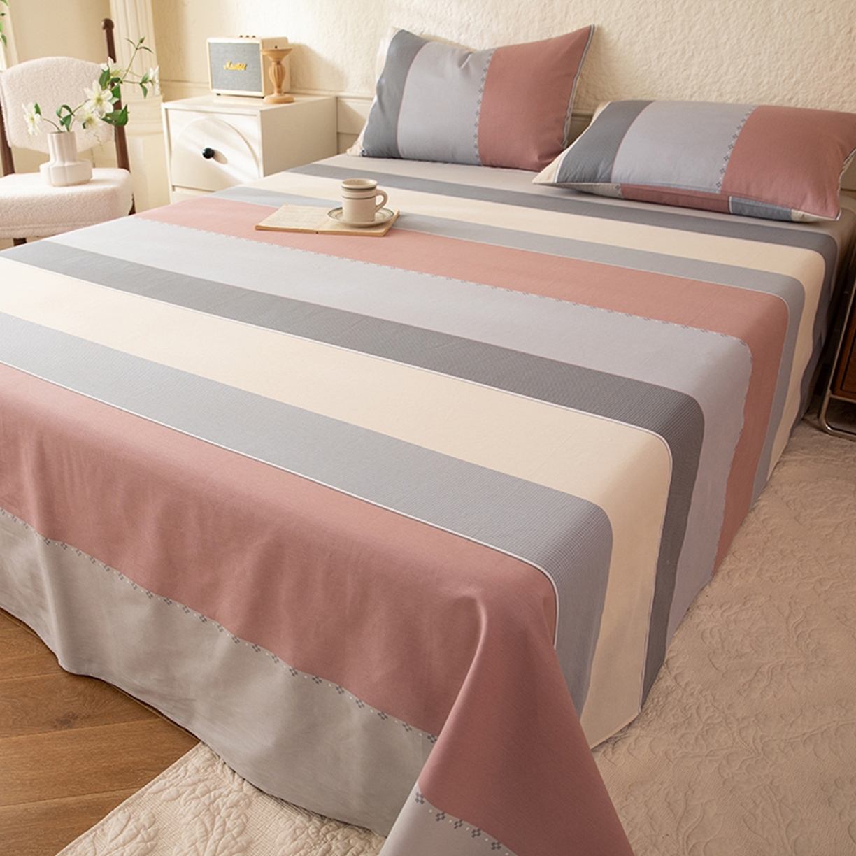 91家纺网 家纺一手货源 找家纺 八十八家纺 2026新款无印风全棉纯棉斜纹条格单床单床单单件单品床单 木本