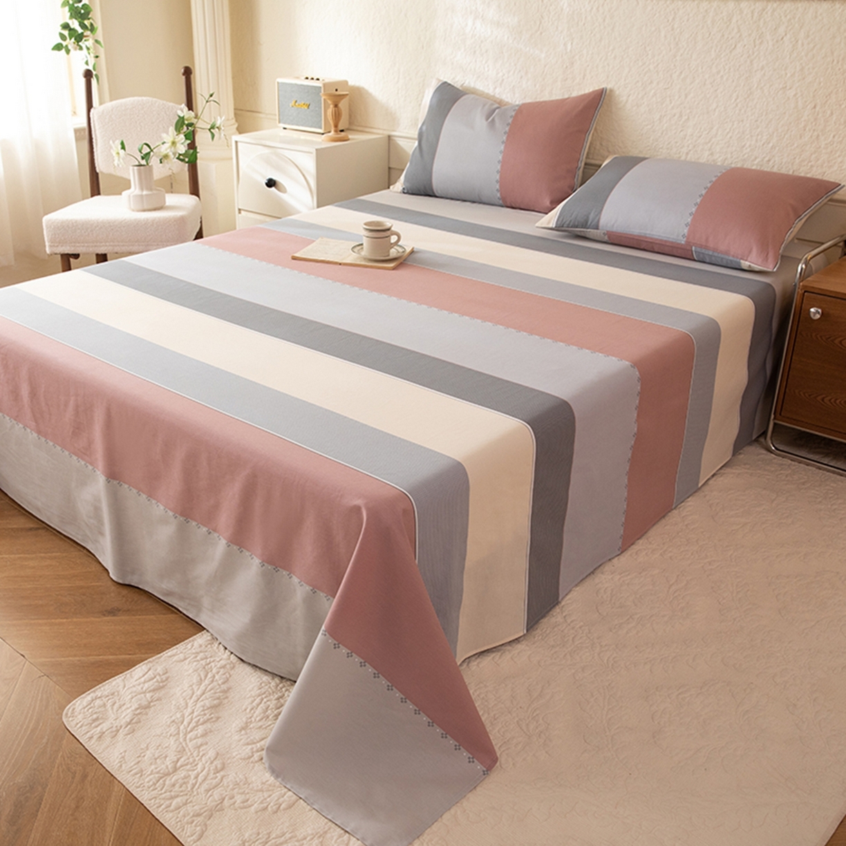 91家纺网 家纺一手货源 找家纺 八十八家纺 2026新款无印风全棉纯棉斜纹条格单床单床单单件单品床单 木本