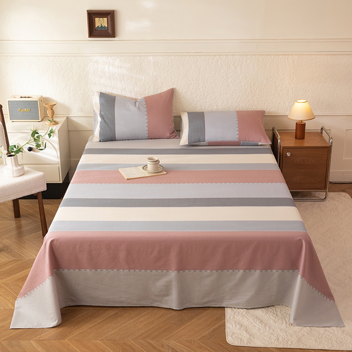 91家纺网 家纺一手货源 找家纺 八十八家纺 2026新款无印风全棉纯棉斜纹条格单床单床单单件单品床单 木本