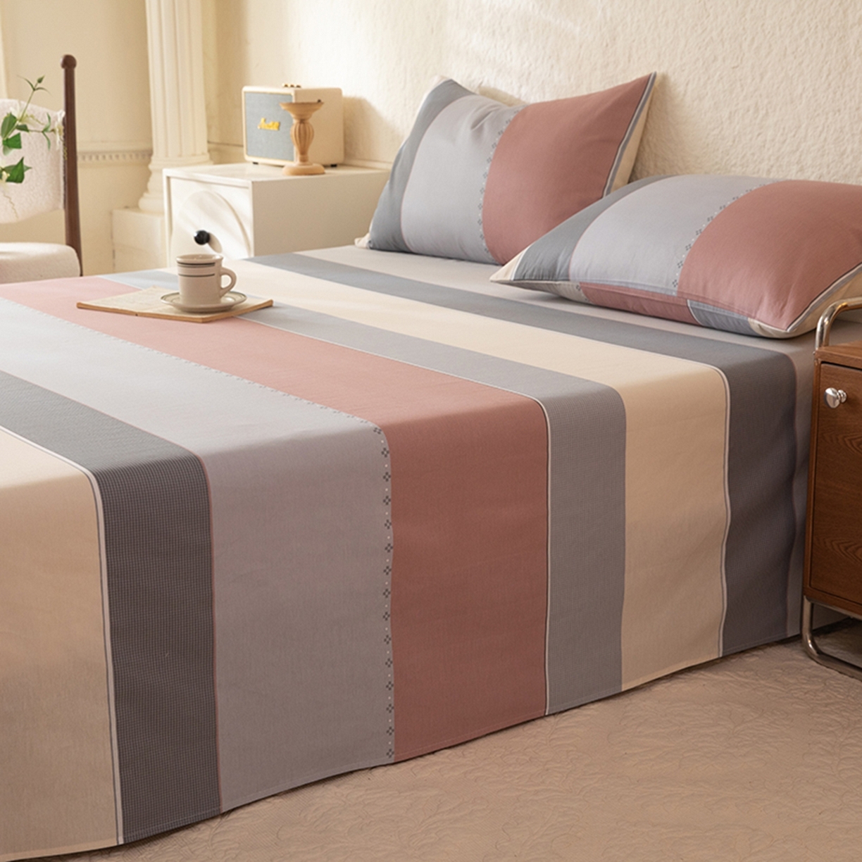 91家纺网 家纺一手货源 找家纺 八十八家纺 2026新款无印风全棉纯棉斜纹条格单床单床单单件单品床单 木本