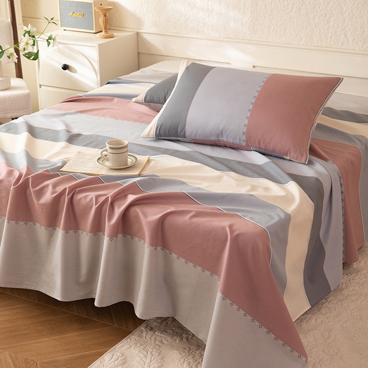 91家纺网 家纺一手货源 找家纺 八十八家纺 2026新款无印风全棉纯棉斜纹条格单床单床单单件单品床单 木本