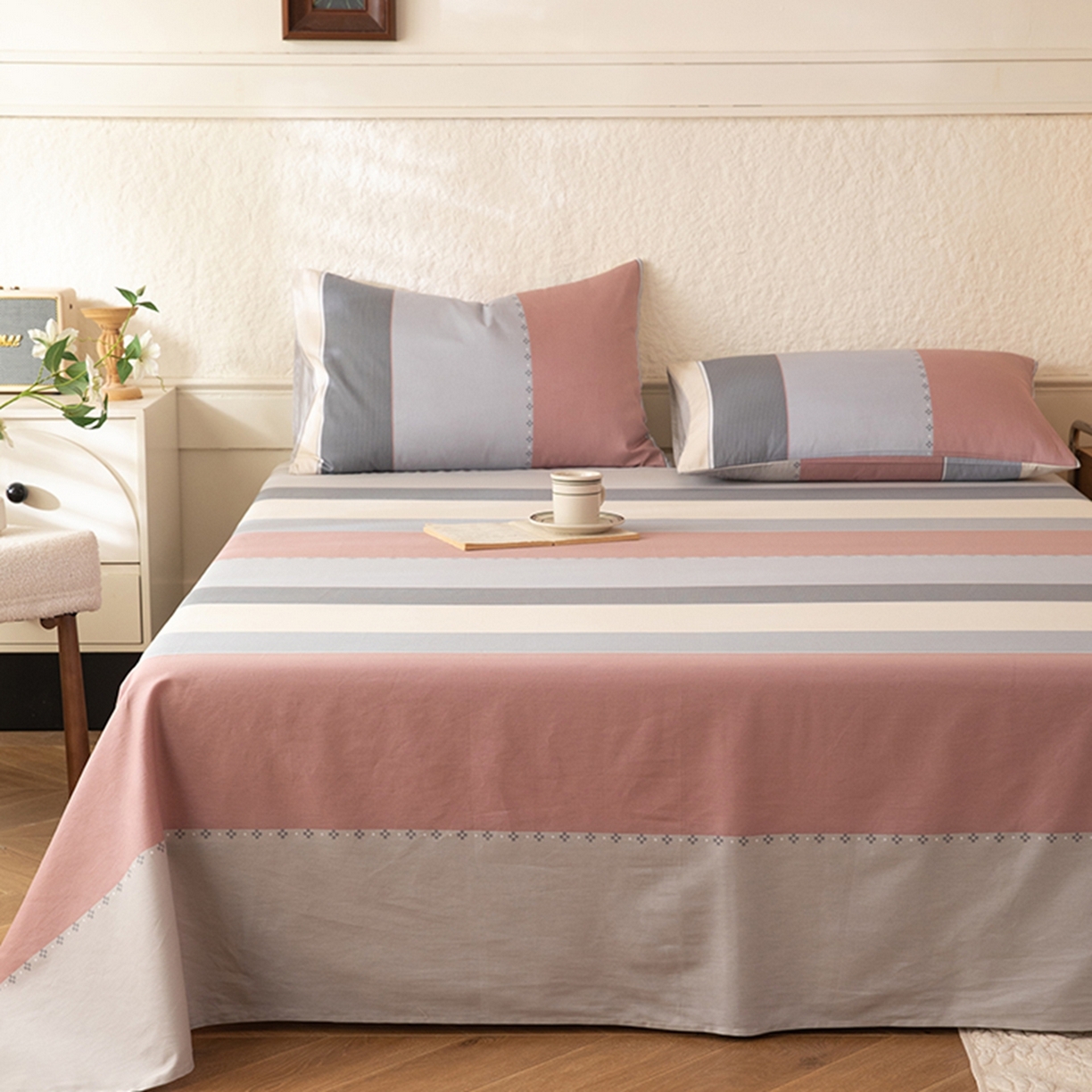 91家纺网 家纺一手货源 找家纺 八十八家纺 2026新款无印风全棉纯棉斜纹条格单床单床单单件单品床单 木本