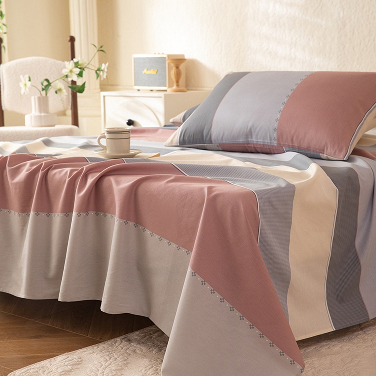 91家纺网 家纺一手货源 找家纺 八十八家纺 2026新款无印风全棉纯棉斜纹条格单床单床单单件单品床单 木本