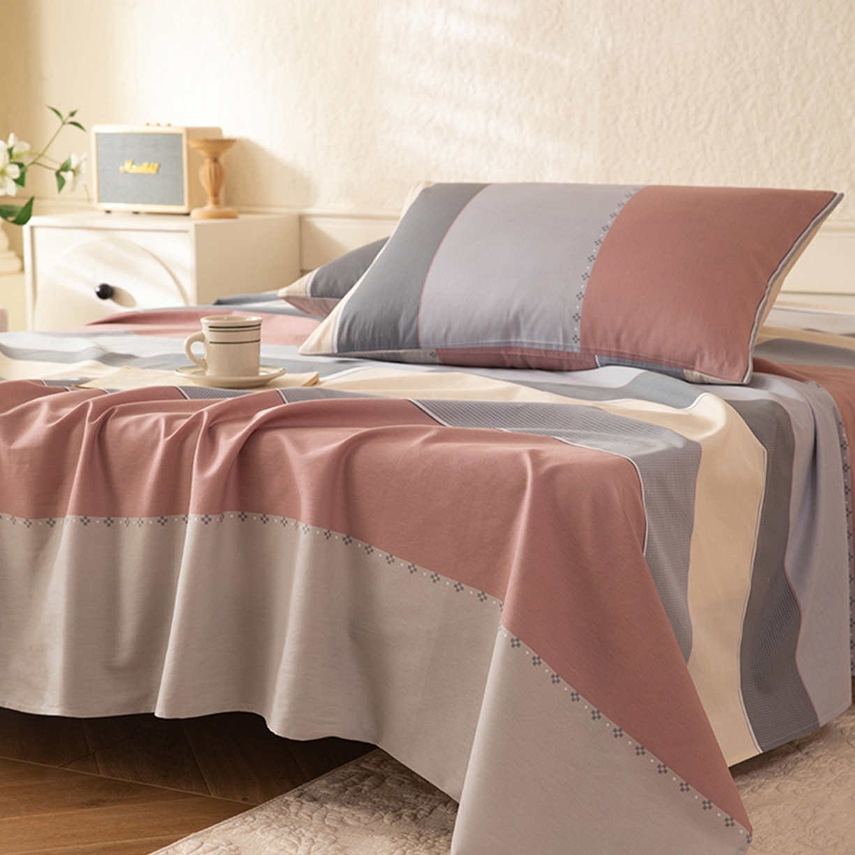 91家纺网 家纺一手货源 找家纺 八十八家纺 2026新款无印风全棉纯棉斜纹条格单床单床单单件单品床单 木本