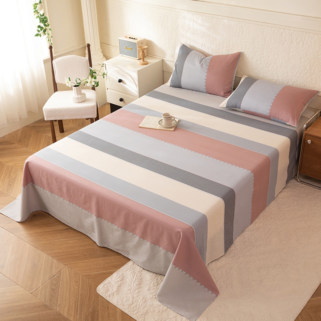 91家纺网 家纺一手货源 找家纺 八十八家纺 2026新款无印风全棉纯棉斜纹条格单床单床单单件单品床单 木本