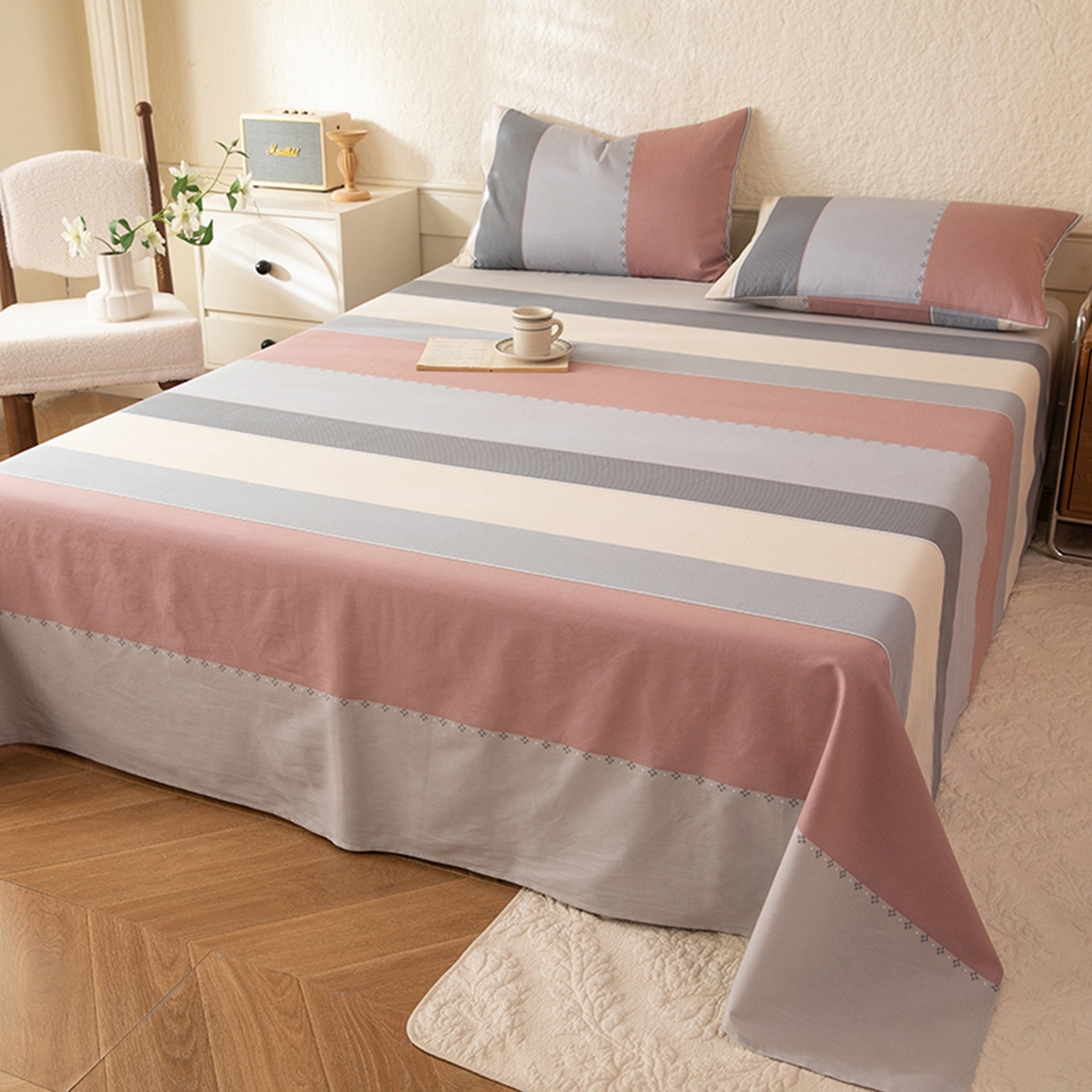 91家纺网 家纺一手货源 找家纺 八十八家纺 2026新款无印风全棉纯棉斜纹条格单床单床单单件单品床单 木本