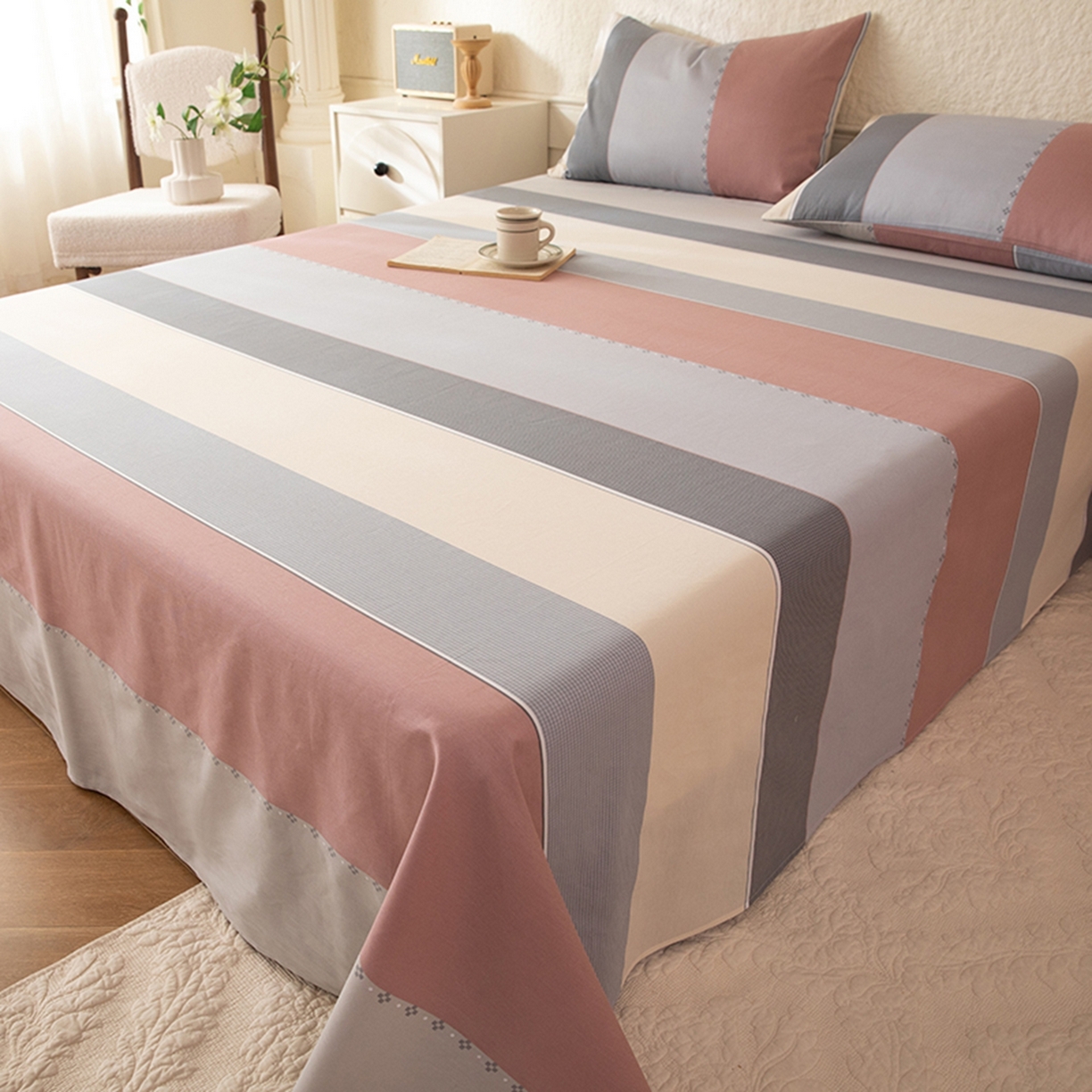 91家纺网 家纺一手货源 找家纺 八十八家纺 2026新款无印风全棉纯棉斜纹条格单床单床单单件单品床单 木本