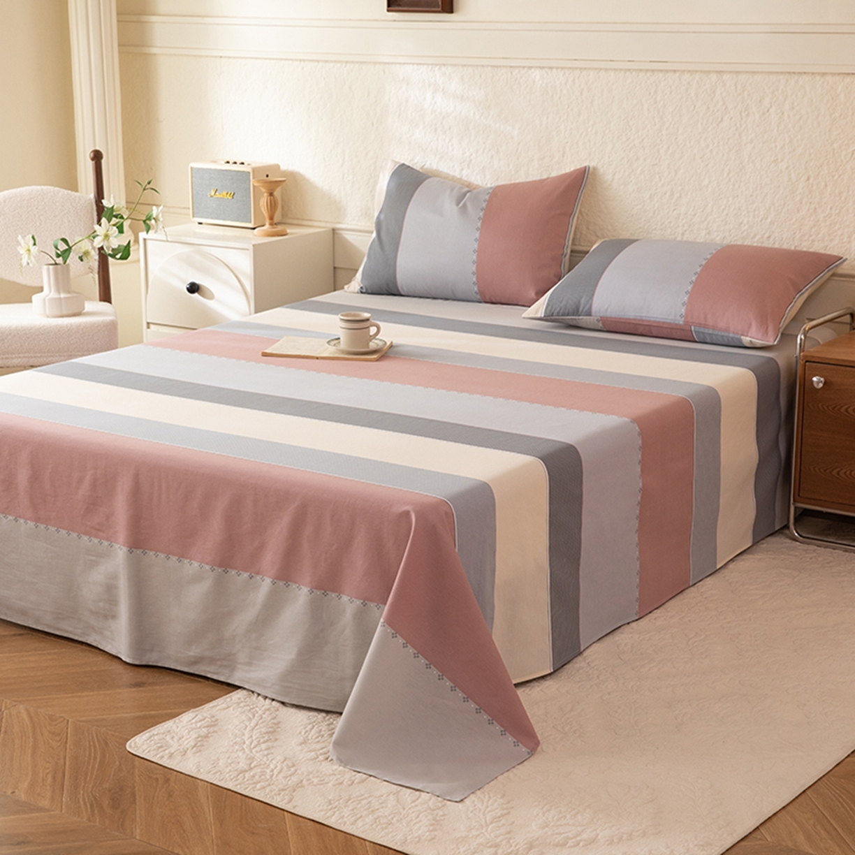 91家纺网 家纺一手货源 找家纺 八十八家纺 2026新款无印风全棉纯棉斜纹条格单床单床单单件单品床单 木本