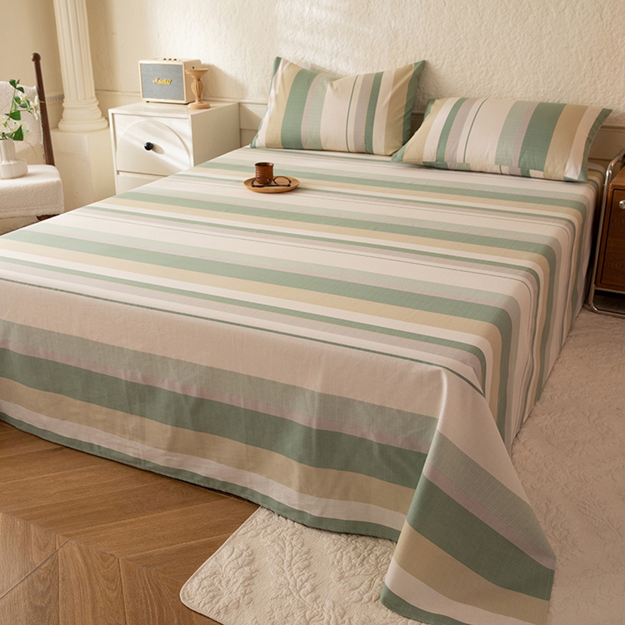 八十八家纺 2026新款无印风全棉纯棉斜纹条格单床单床单单件单品床单 木春