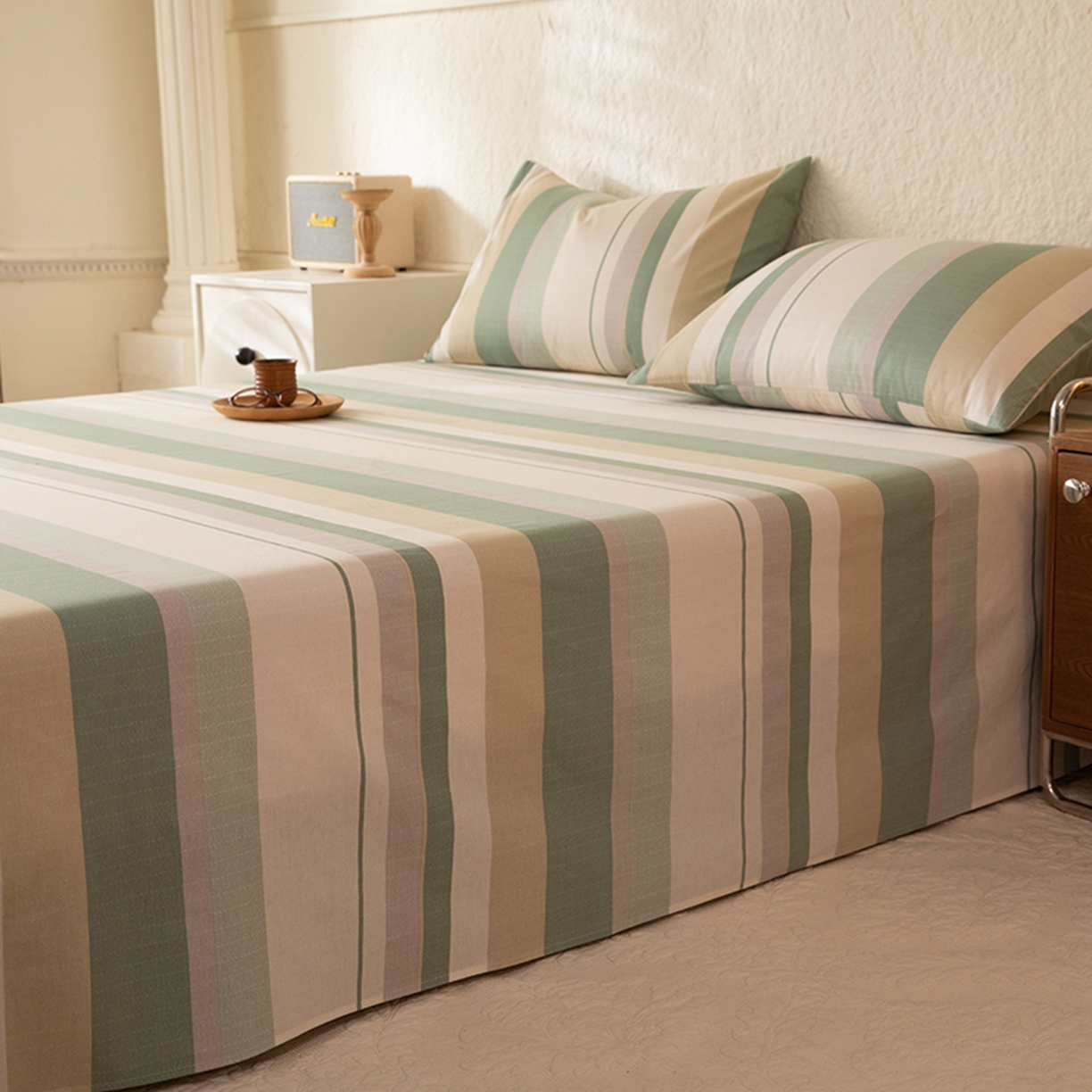 91家纺网 家纺一手货源 找家纺 八十八家纺 2026新款无印风全棉纯棉斜纹条格单床单床单单件单品床单 木春