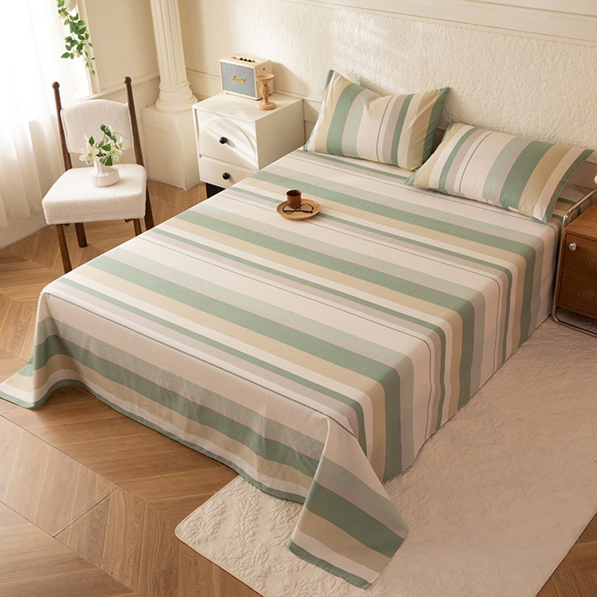 91家纺网 家纺一手货源 找家纺 八十八家纺 2026新款无印风全棉纯棉斜纹条格单床单床单单件单品床单 木春