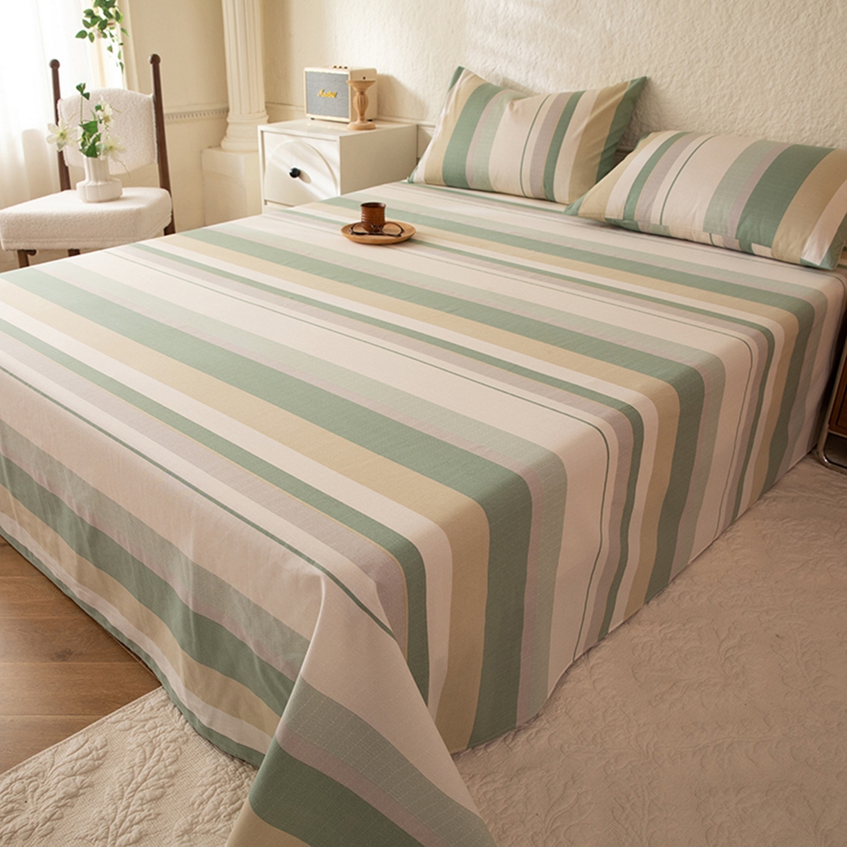 91家纺网 家纺一手货源 找家纺 八十八家纺 2026新款无印风全棉纯棉斜纹条格单床单床单单件单品床单 木春