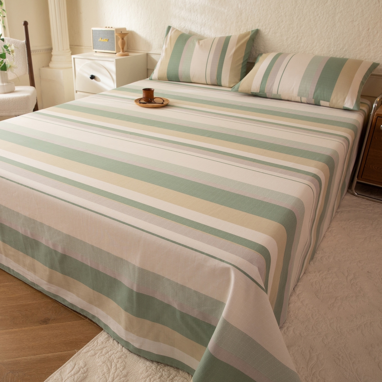 91家纺网 家纺一手货源 找家纺 八十八家纺 2026新款无印风全棉纯棉斜纹条格单床单床单单件单品床单 木春