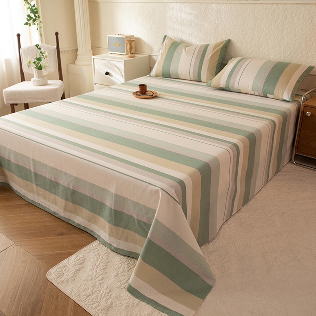 91家纺网 家纺一手货源 找家纺 八十八家纺 2026新款无印风全棉纯棉斜纹条格单床单床单单件单品床单 木春