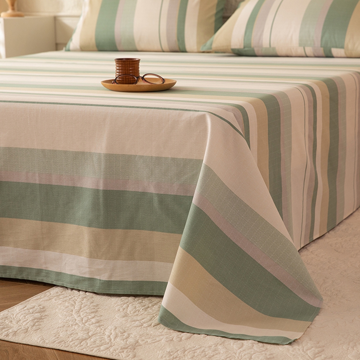 91家纺网 家纺一手货源 找家纺 八十八家纺 2026新款无印风全棉纯棉斜纹条格单床单床单单件单品床单 木春