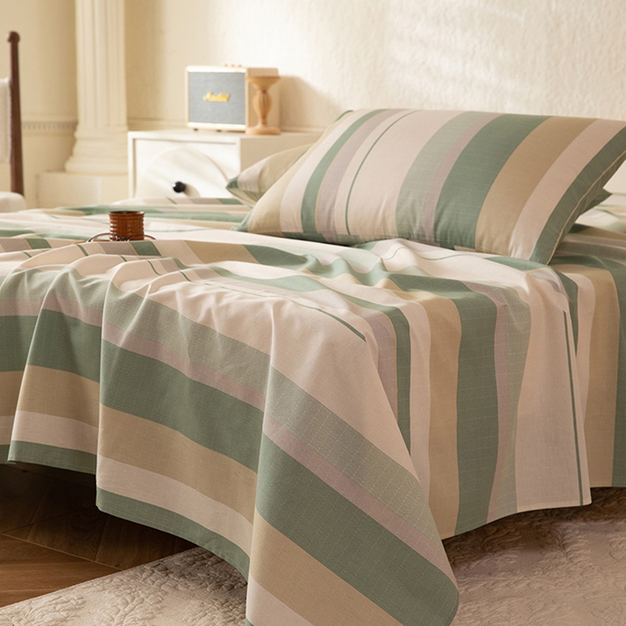 91家纺网 家纺一手货源 找家纺 八十八家纺 2026新款无印风全棉纯棉斜纹条格单床单床单单件单品床单 木春